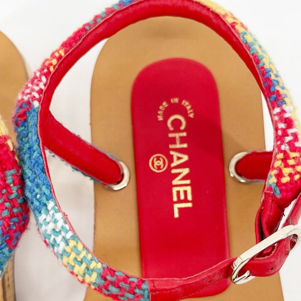 Chanel S/S 2017 Multicolor Rope Cork CC Gold Heel Ankle Strap Sandals EU 37 - Picture 9 of 12